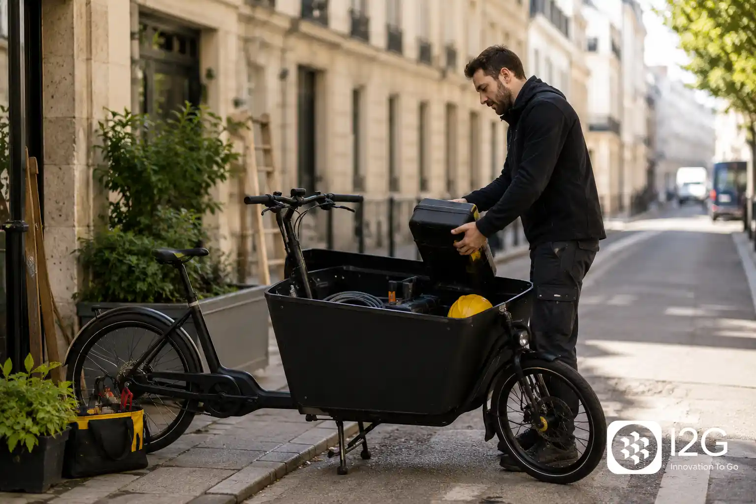 Artisan utilisant un vélo cargo professionnel pour transporter son matériel en centre-ville