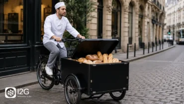 Boulanger effectuant une livraison avec un vélo cargo professionnel en centre-ville
