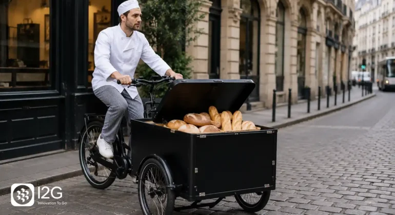 Boulanger effectuant une livraison avec un vélo cargo professionnel en centre-ville