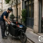 Artisan utilisant un vélo cargo professionnel en centre-ville