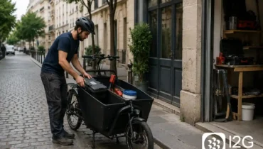 Artisan utilisant un vélo cargo professionnel en centre-ville