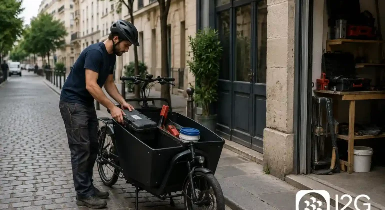 Artisan utilisant un vélo cargo professionnel en centre-ville