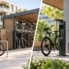 Parking vélo sécurisé avec racks, consignes et station de réparation pour bâtiment moderne