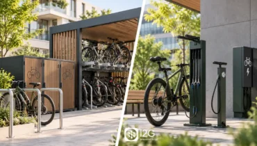 Parking vélo sécurisé avec racks, consignes et station de réparation pour bâtiment moderne