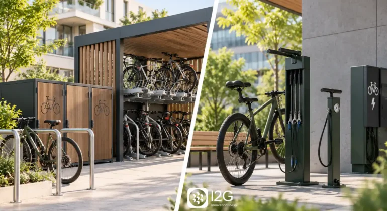 Parking vélo sécurisé avec racks, consignes et station de réparation pour bâtiment moderne