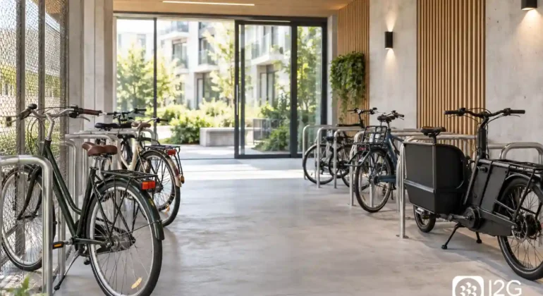 Parking vélo sécurisé pour bâtiment neuf avec espaces adaptés aux vélos cargos et VAE