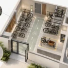 Plan d’aménagement 3D d’un parking vélo avec racks double étage, emplacement vélo cargo et zone de circulation
