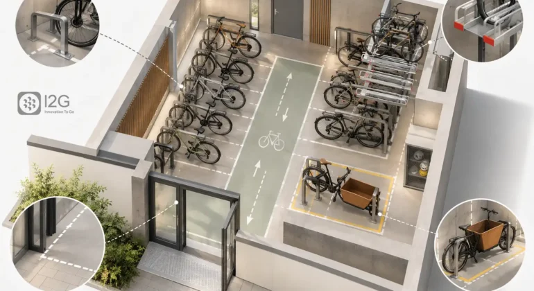 Plan d’aménagement 3D d’un parking vélo avec racks double étage, emplacement vélo cargo et zone de circulation